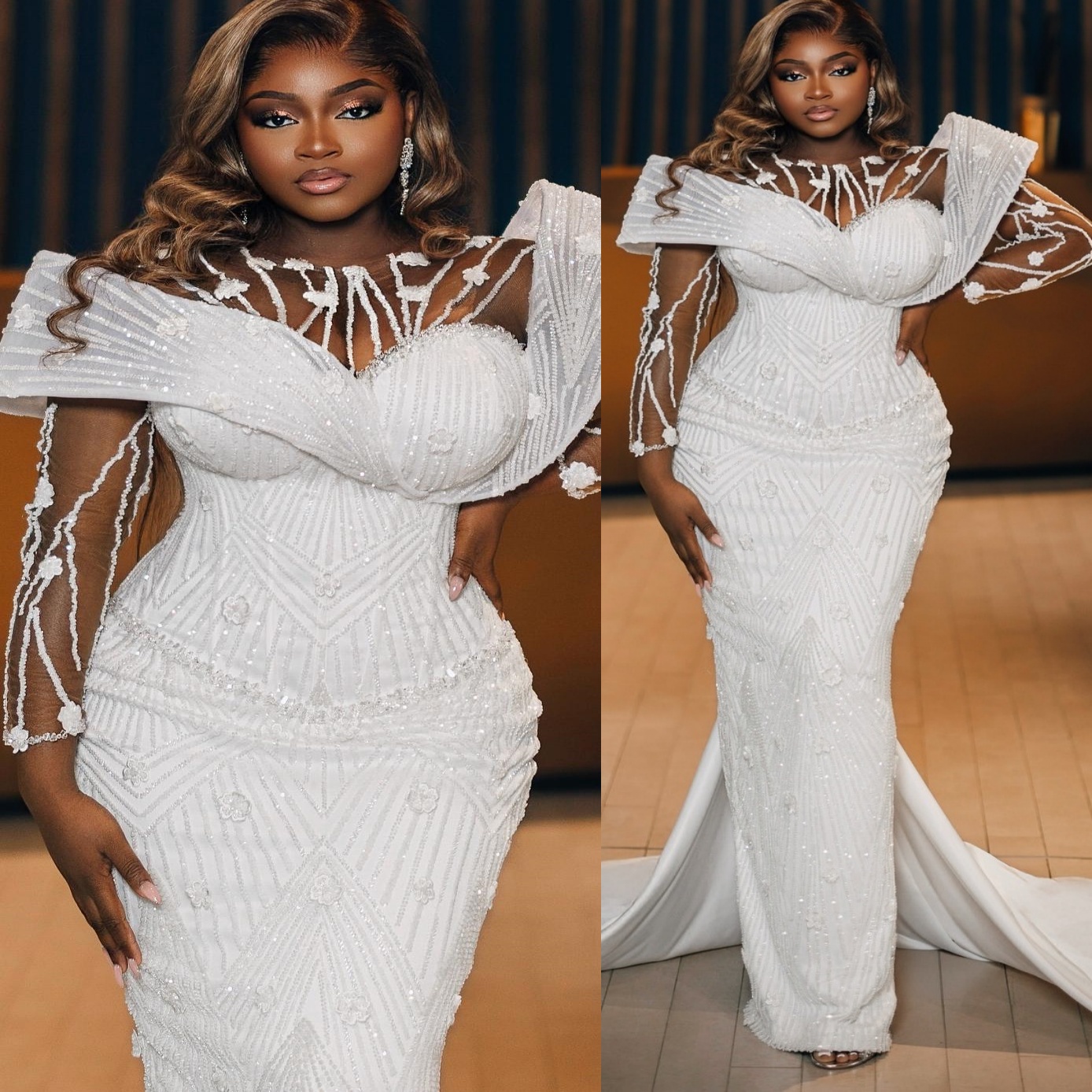 2025 Aso Ebi Plus Size White Mermaid Wedding Dress Beaded Lace Sequined Full Sleeves Vintage Bridal Gowns Dresses ZJ0667