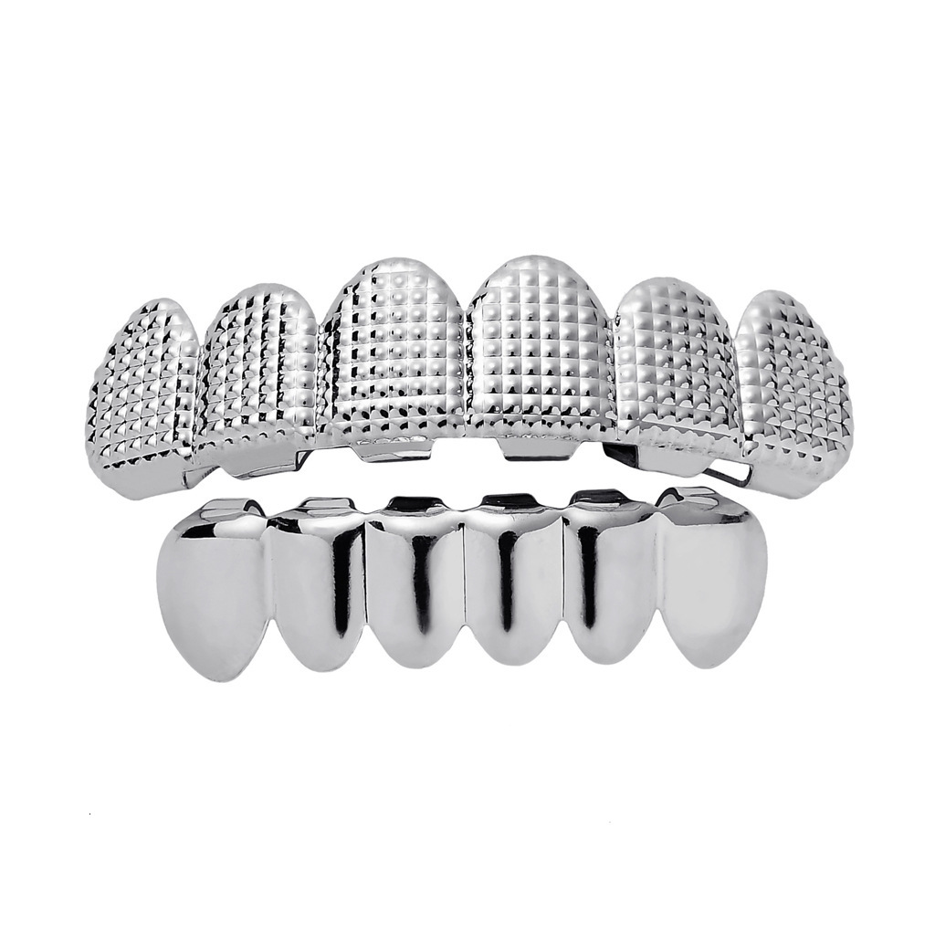 New Arrival 18K Gold Plated Hip Hop Grillz with Embossed Grid Texture - High Quality Fashion Statement Gold Tooth Rapper Costume Accessories