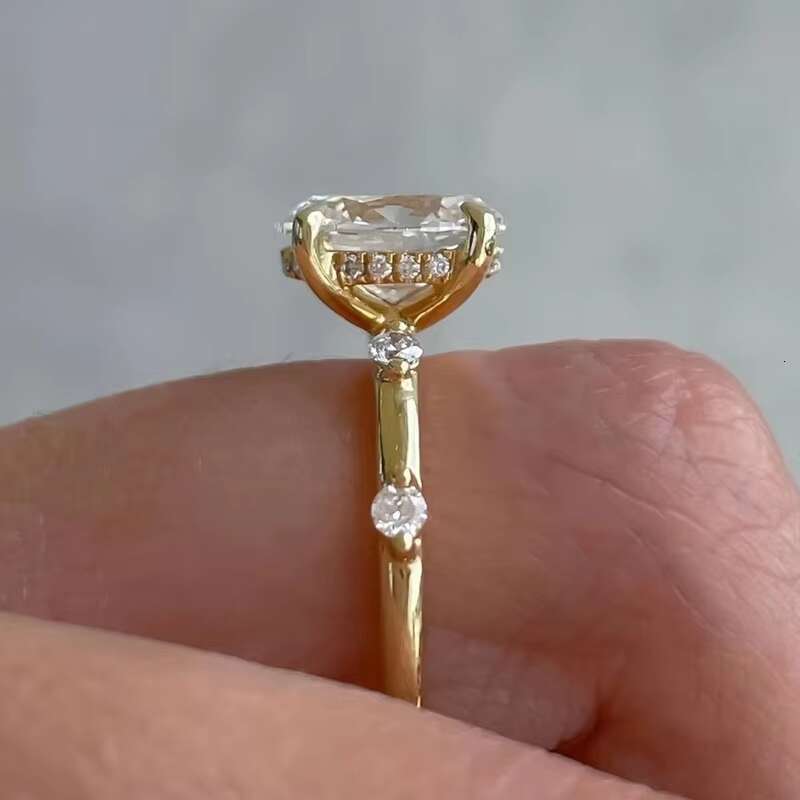 Yu Ying Women Jewelry Hidden halo 18K Yellow Gold Radiant Iced Crushed Cut Moissanite Solitaire with Accent Band Rings