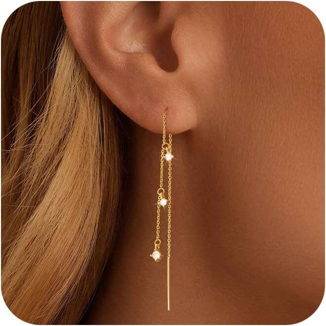 Dangle Long 3 Dainty Hanging Gold/Sier Chain Trendy Hypoallergenic Dangling CZ/Pearl Threader Earrings for Women Jewelry
