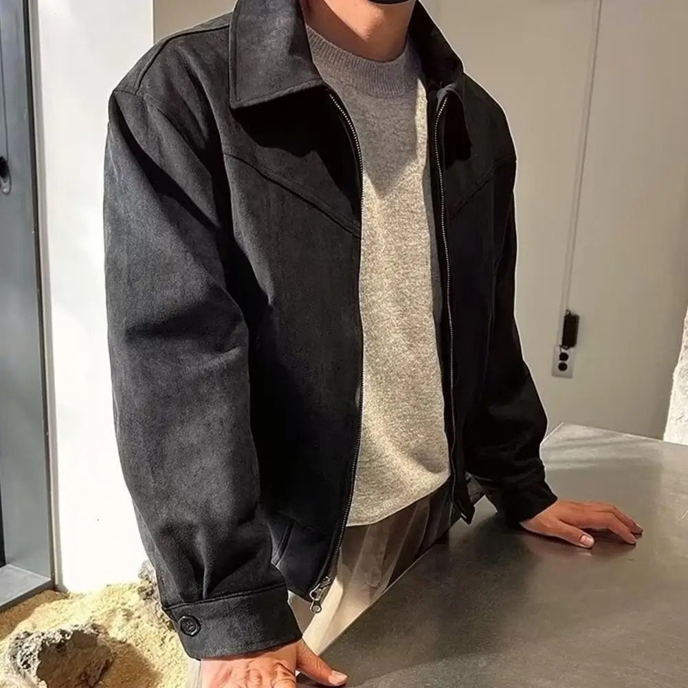 Men Zip-up Jacket Stylish Mens Lapel Jacket with Zipper Closure Side Pockets Solid Color Outwear for Short Style Long Sleeve 250628