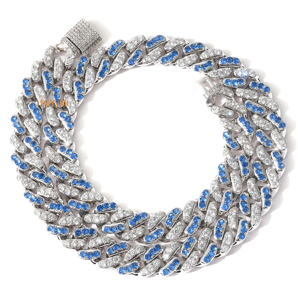 Men Hip Hop Iced Out 12mm Micro Paved Sea Blue White Moissanite High Quality Cuban Link Chain Bling Bling Accessory Pass the diamond tester