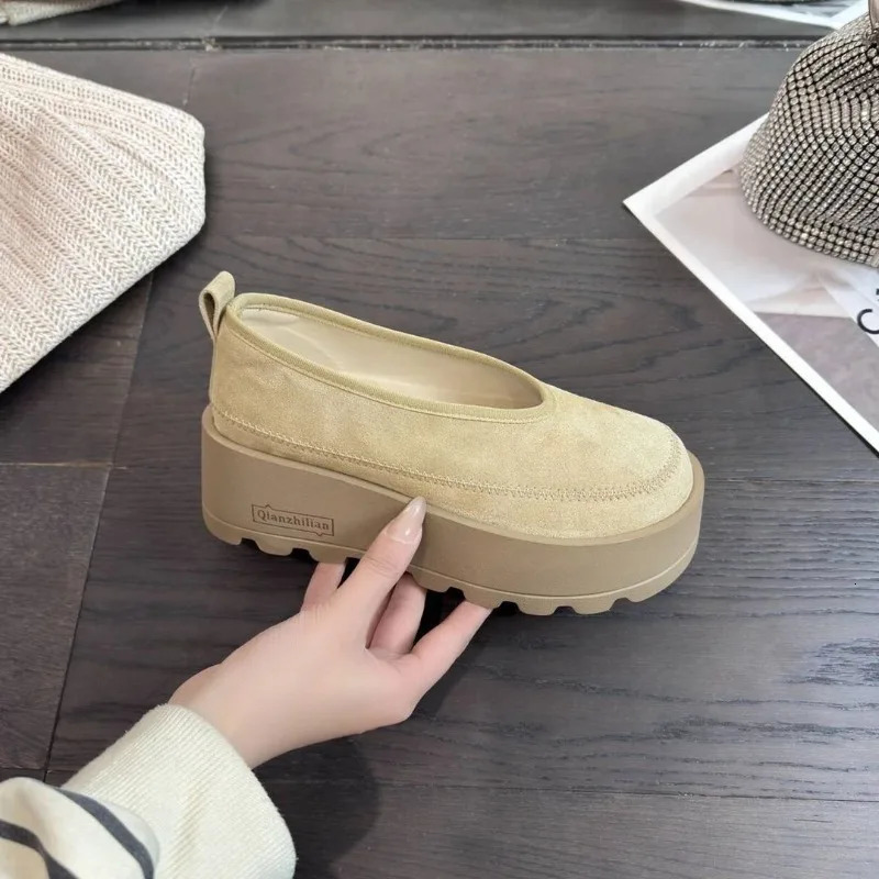Fashion Suede Platform Shallow Woman Shoes Yellow Loafers Spring Woman Fashion Shoes Concise Chunky Heel Shoes Woman 250625