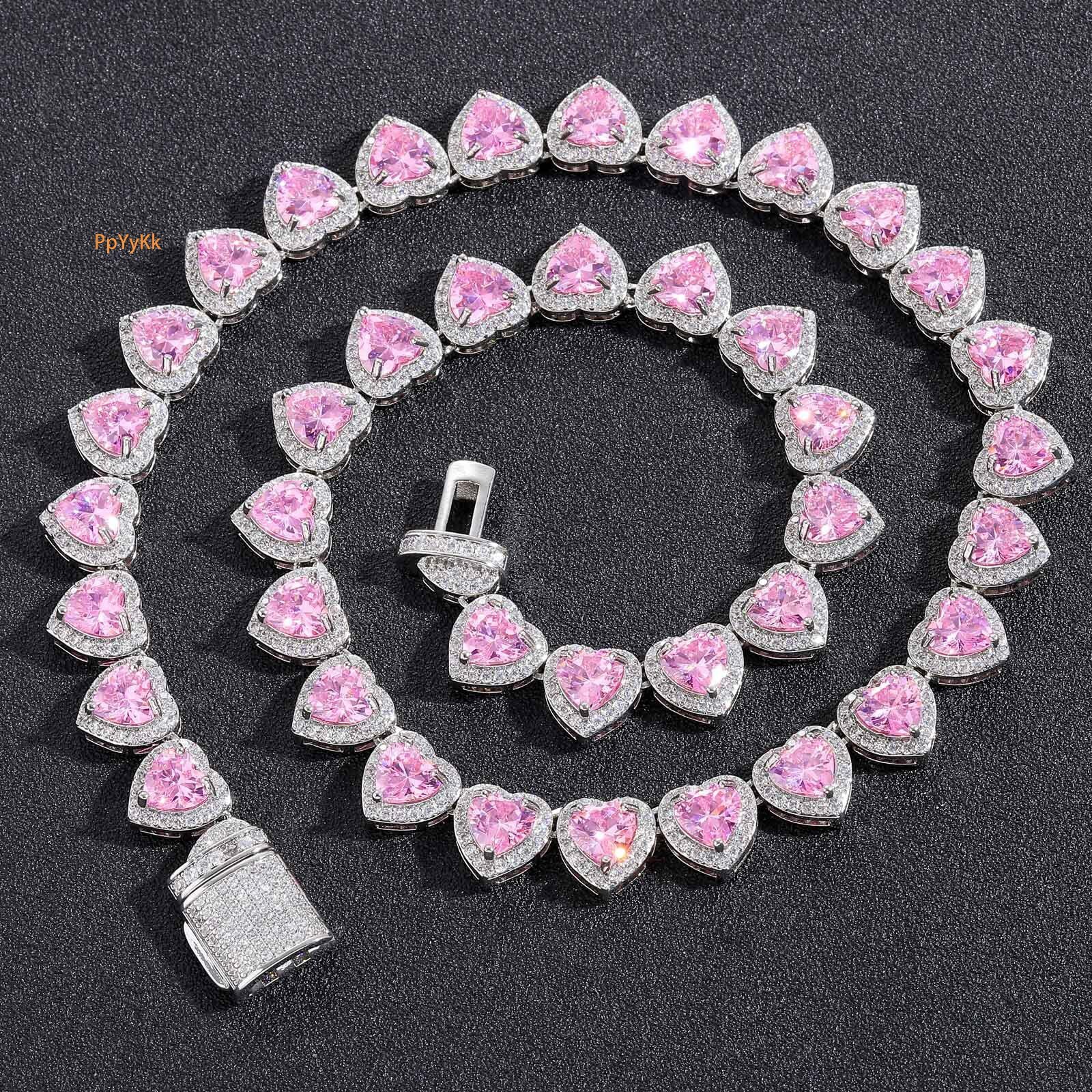 Luxury Jewelry Hip Hop 10mm Heart Pink Diamond Necklace Trendy Sweet Women's Hip Hop High-Quality Iced Accessory Pass the diamond tester