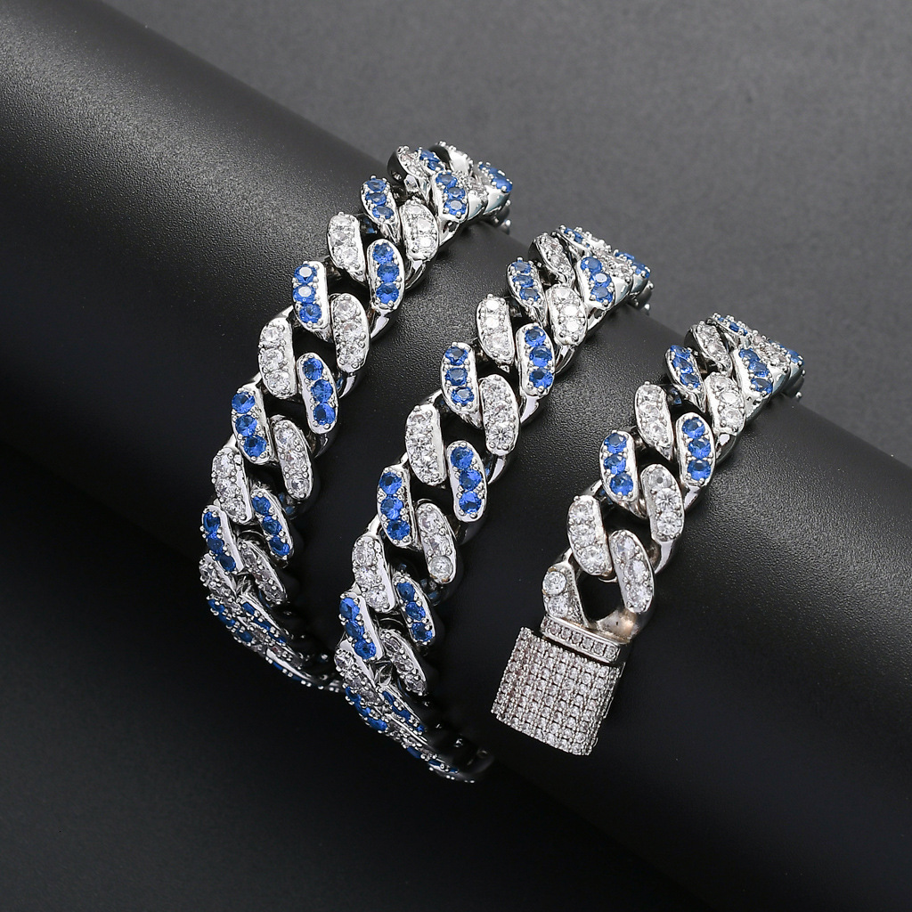 Men Hip Hop Iced Out 12mm Micro Paved Sea Blue White Moissanite High Quality Cuban Link Chain Bling Bling Accessory Pass the diamond tester