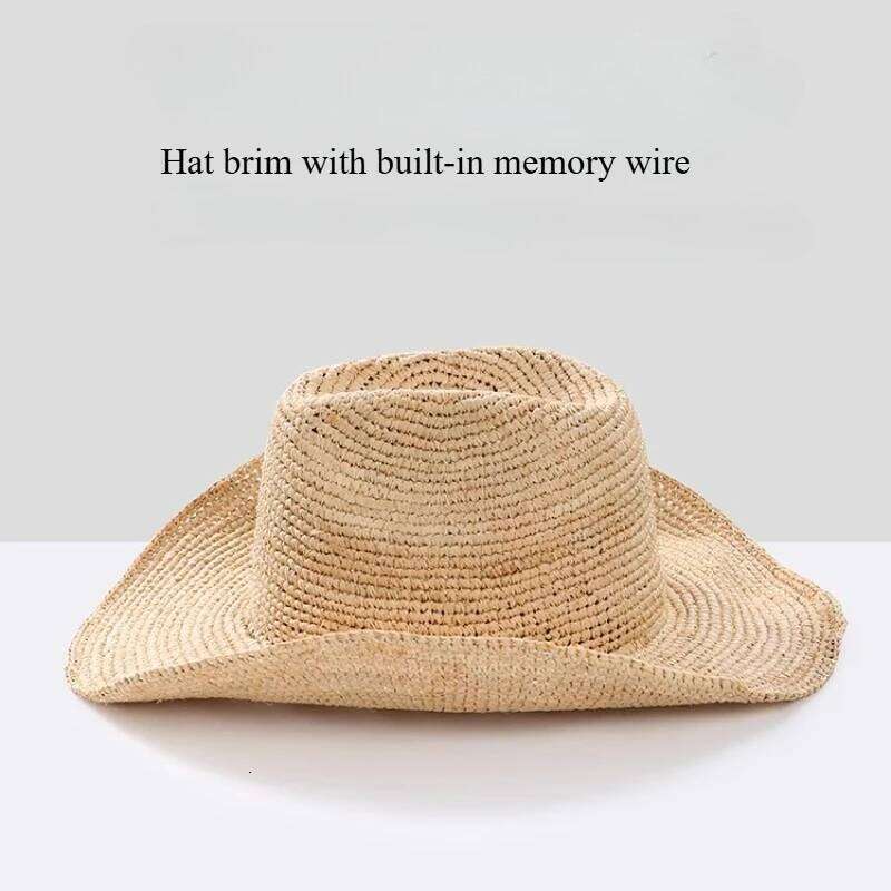 Handmade Raffia Straw Sun for Women Wide Brim Crochet Cowboy with Adjustable Velcro and Memory Wire Summer Beach Hat