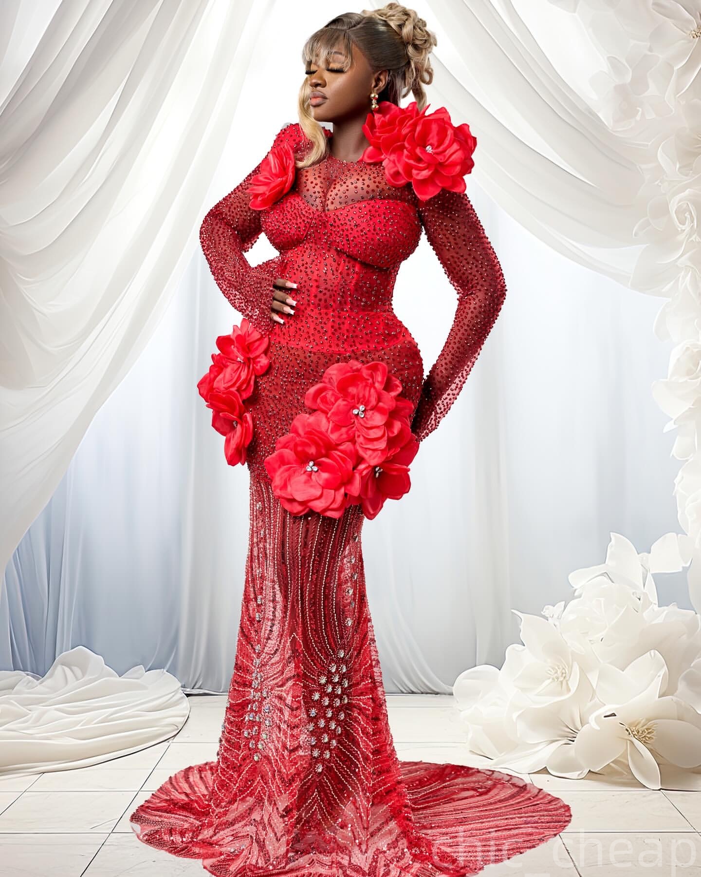 Red Mermaid Prom Dresses 2025 Flowers Crystals Sequined Evening Formal Party Second Birthday Engagement Gowns Plus Size Dress For Special Occasions ZJ