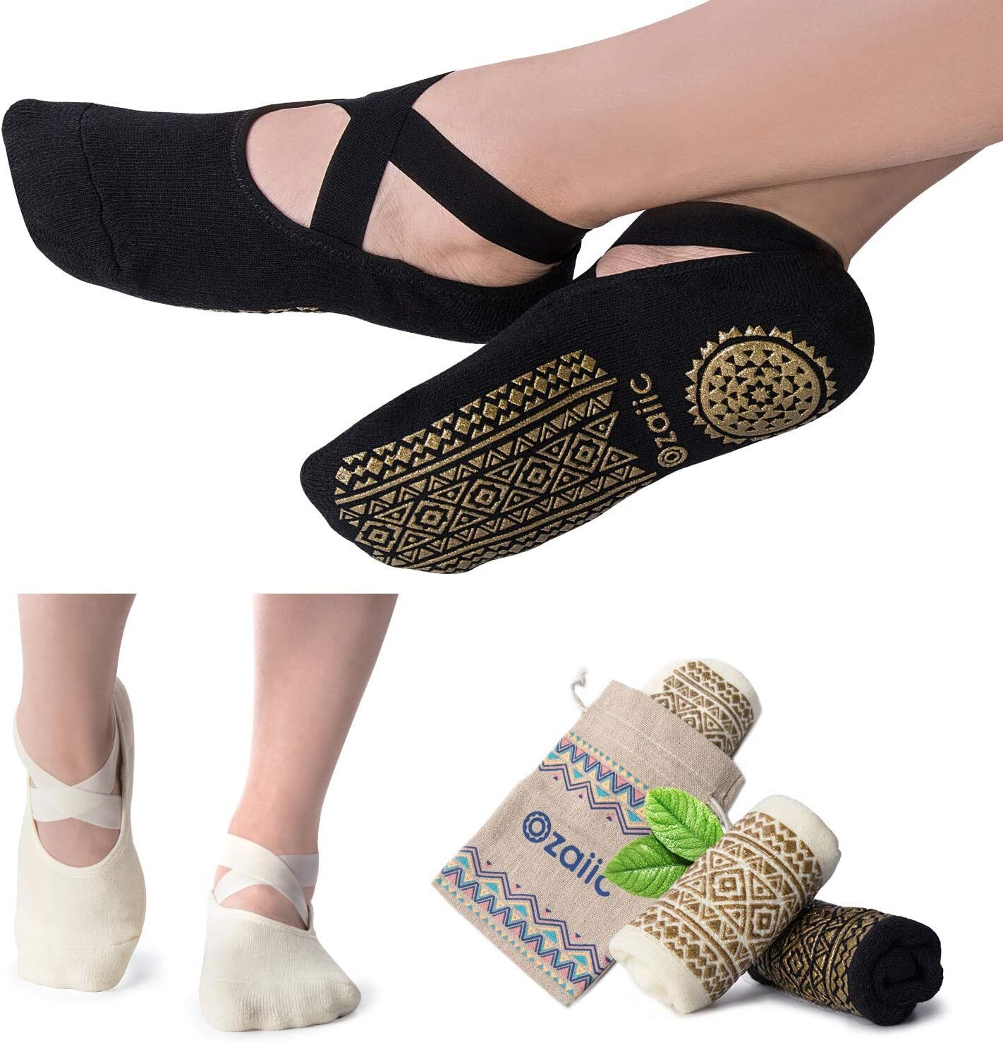 Ozaiic Women's Yoga Socks with Straps Non-Slip Grips, Ideal for Pilates, Pure Barre, Ballet, Dance, and Barefoot Training