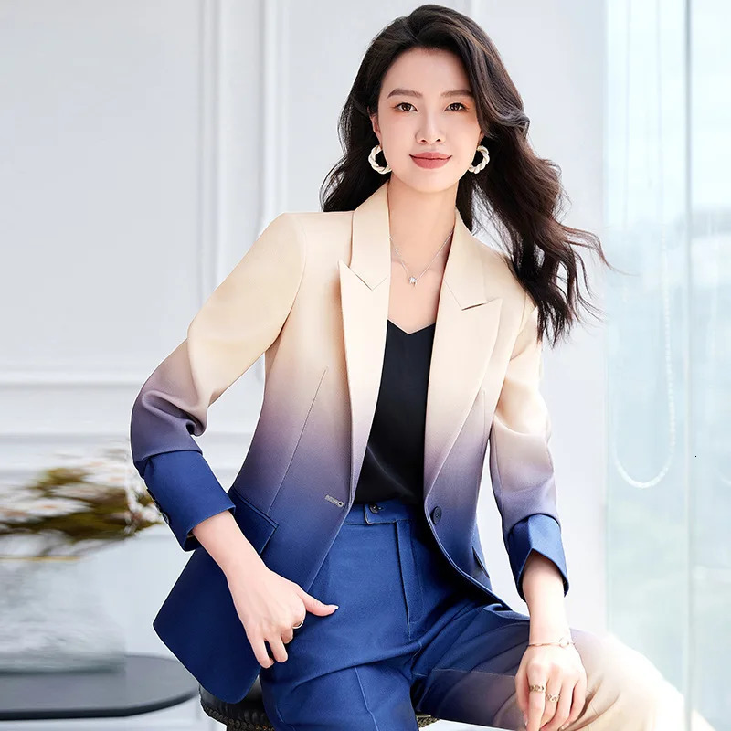 HIGH STREET est Fashion Suit Set Womens Gradient Color Printed Single Button Blazer Flare Pants Suit 250628