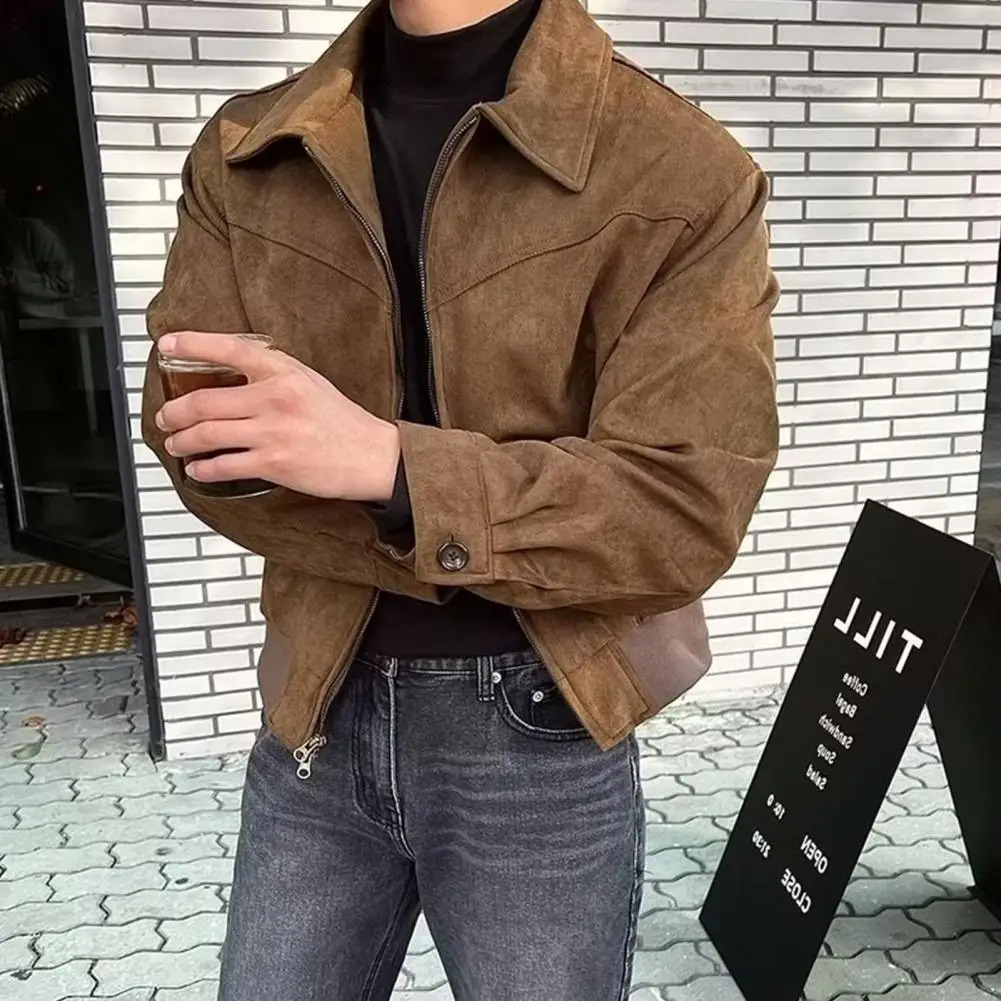 Men Zip-up Jacket Stylish Mens Lapel Jacket with Zipper Closure Side Pockets Solid Color Outwear for Short Style Long Sleeve 250628