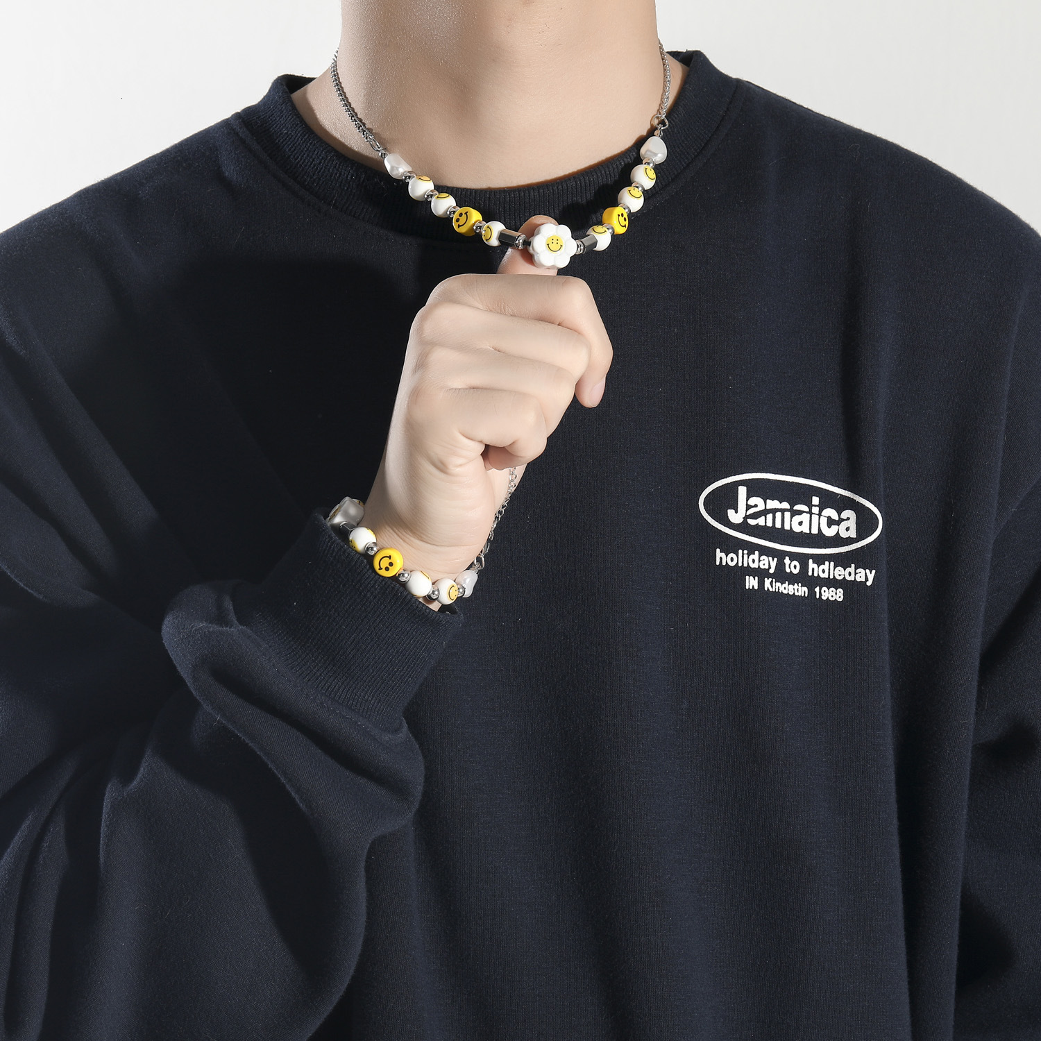 Premium Hip Hop Smiley Sunflower Pearl Necklace Unisex Choker Bracelet Set Trendy Pass the diamond tester
