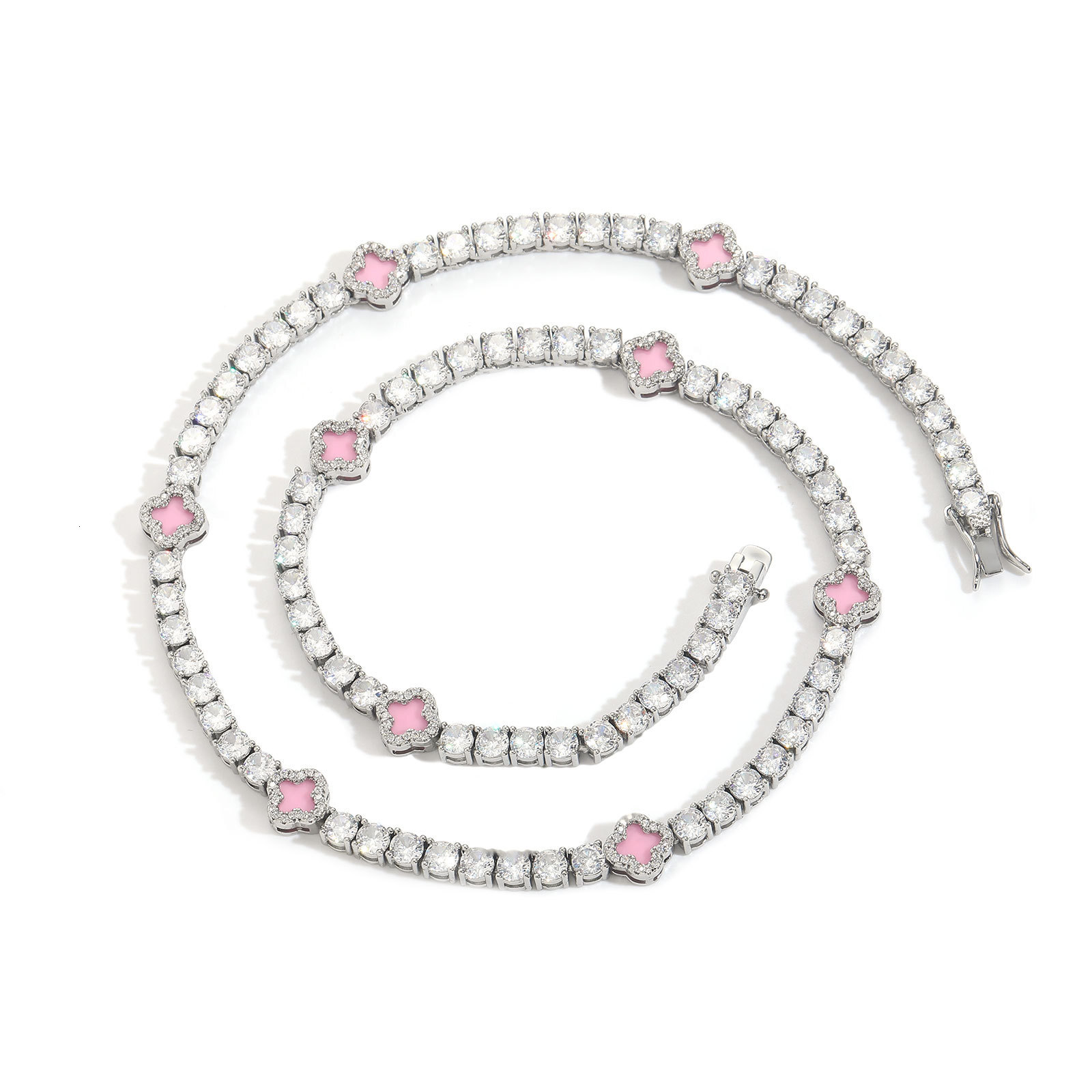 Pink Four Leaf Clover Iced Out Tennis Chain Necklace Moissanite Luxury Clavicle Accessory Pass the diamond tester