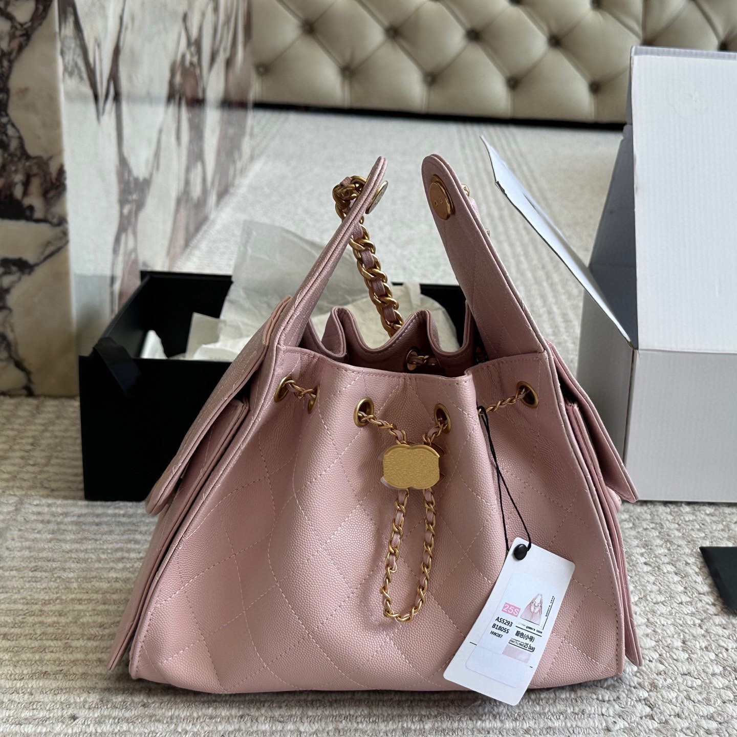 Designer Bag Drawstring Chain Bucket Tote Bag For Woman Caviar Leather 25s Hobo Crossbody Gradient Shoulder Bag Capacity Large Diamond Lattice Handbag 26X19cm