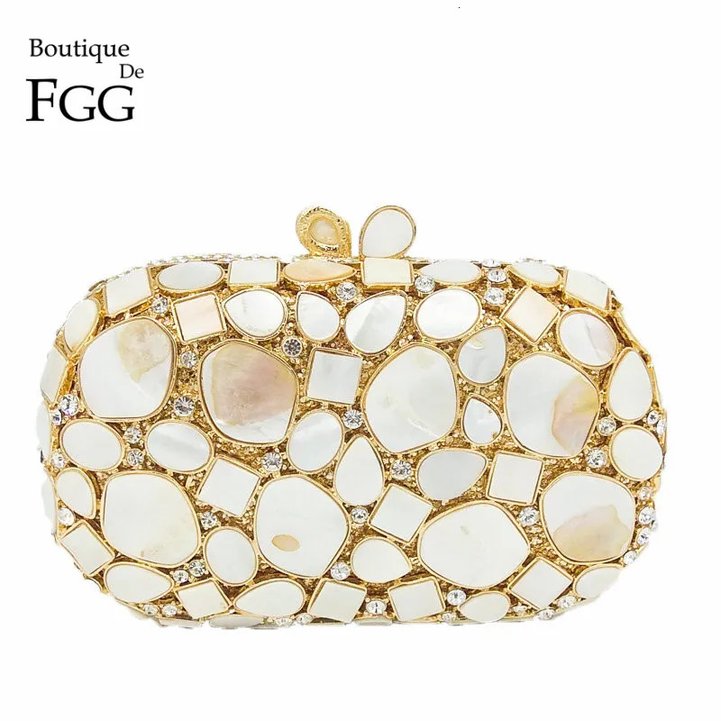 Boutique De FGG Natural Shell Women y Crystal Evening Bags Bridal White Wedding Clutch Bag Party Minaudiere Handbag Purse 250707