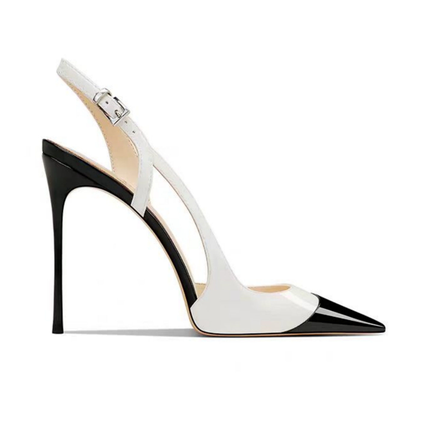 Women's Black White Patent Leather Peep Toe Pumps - Pointed Stiletto Mid Heel Dress Sandals (Office/Evening Shoes)