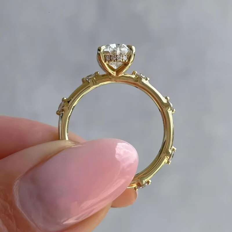 Yu Ying Women Jewelry Hidden halo 18K Yellow Gold Radiant Iced Crushed Cut Moissanite Solitaire with Accent Band Rings