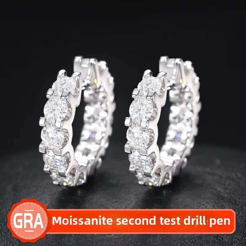 Socialite Style Full Diamond Earrings New 4MM Main Stone Light Luxury S925 Silver Hoop Versatile Fashion Moissanite