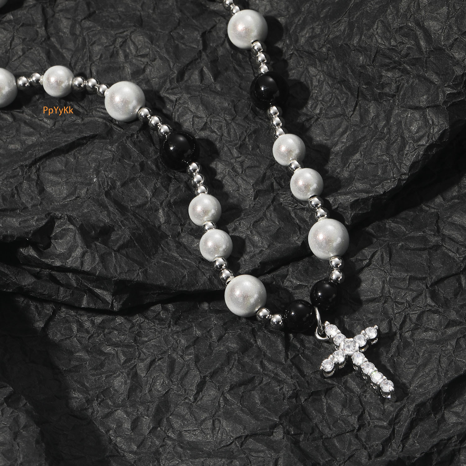 Hip Hop Black White Reflective Pearl Cross Necklace Premium ABS Pearl Men's Collarbone Chain Pass the diamond tester