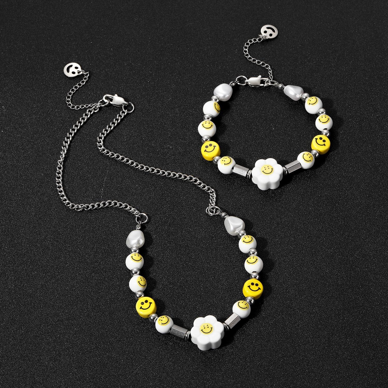 Premium Hip Hop Smiley Sunflower Pearl Necklace Unisex Choker Bracelet Set Trendy Pass the diamond tester
