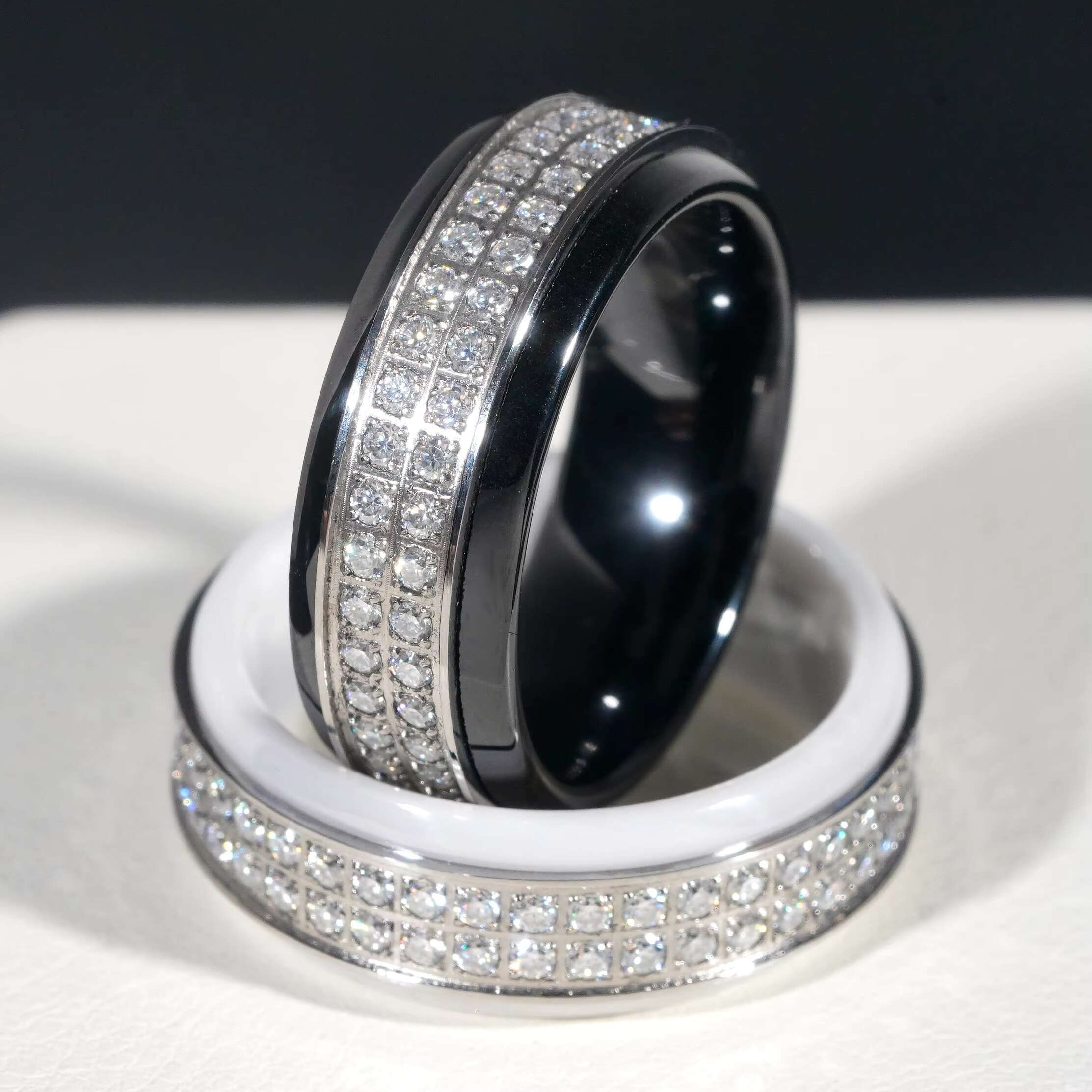 Classic Black Ceramic Men Diamond Ring Iced Out VVS Moissanite Diamond Stainless Steel Men Wedding Band Hip Hop Ring