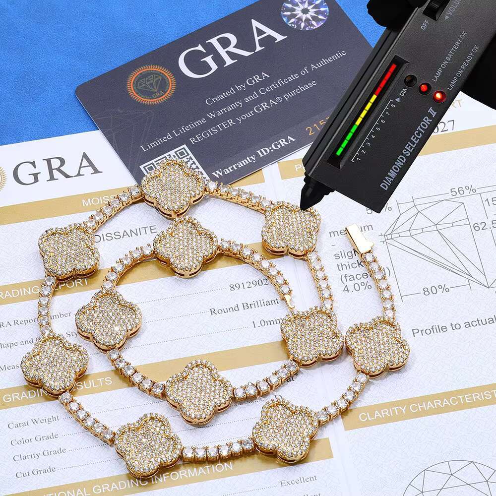 Four-leaf Tennis Chain S925 Silver Mosan Diamond Mens Necklace with All Hip Hop Accessories High-grade Sense