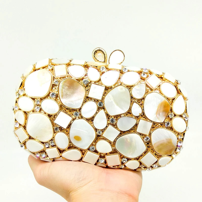 Boutique De FGG Natural Shell Women y Crystal Evening Bags Bridal White Wedding Clutch Bag Party Minaudiere Handbag Purse 250707