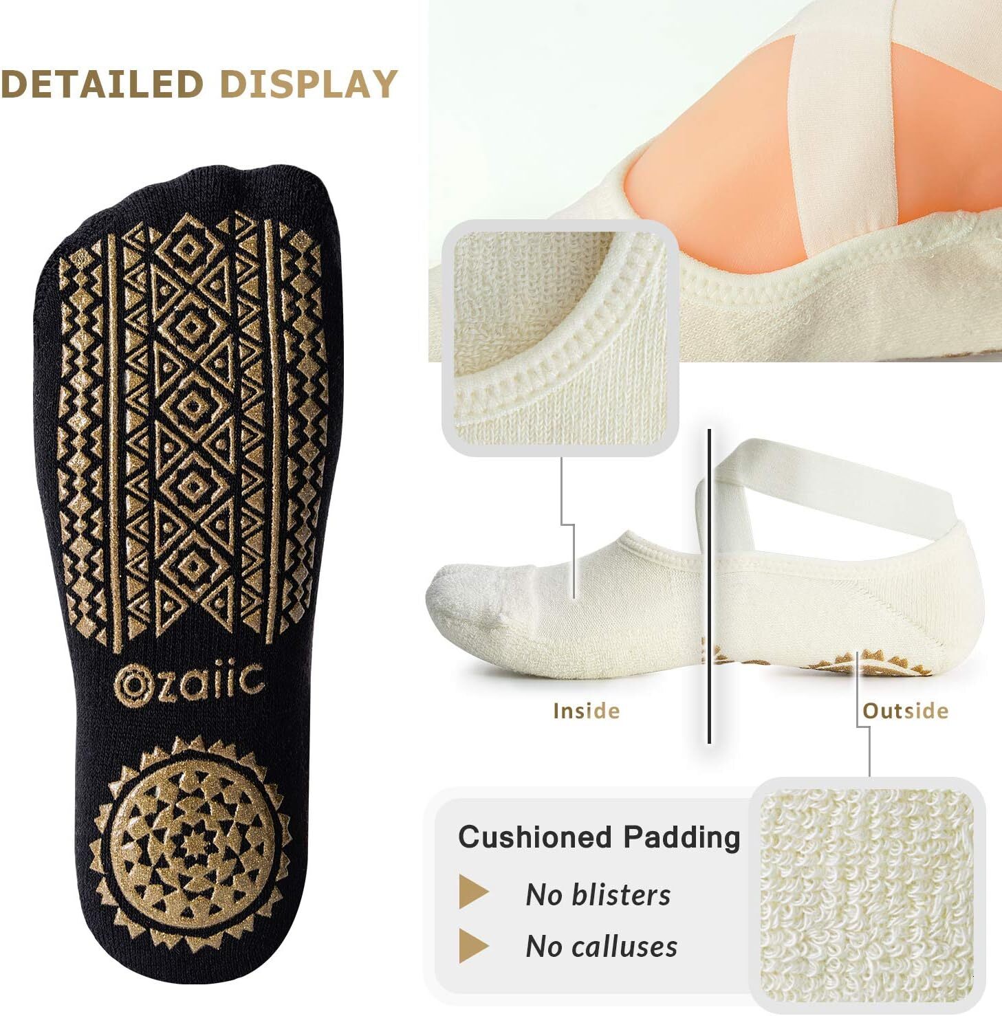 Ozaiic Women's Yoga Socks with Straps Non-Slip Grips, Ideal for Pilates, Pure Barre, Ballet, Dance, and Barefoot Training