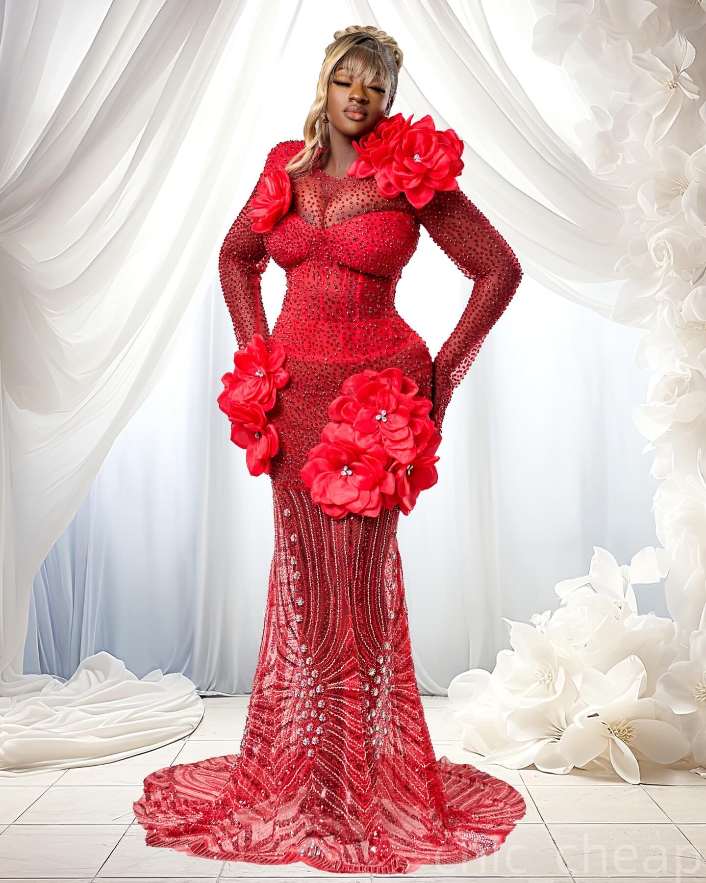 Red Mermaid Prom Dresses 2025 Flowers Crystals Sequined Evening Formal Party Second Birthday Engagement Gowns Plus Size Dress For Special Occasions ZJ