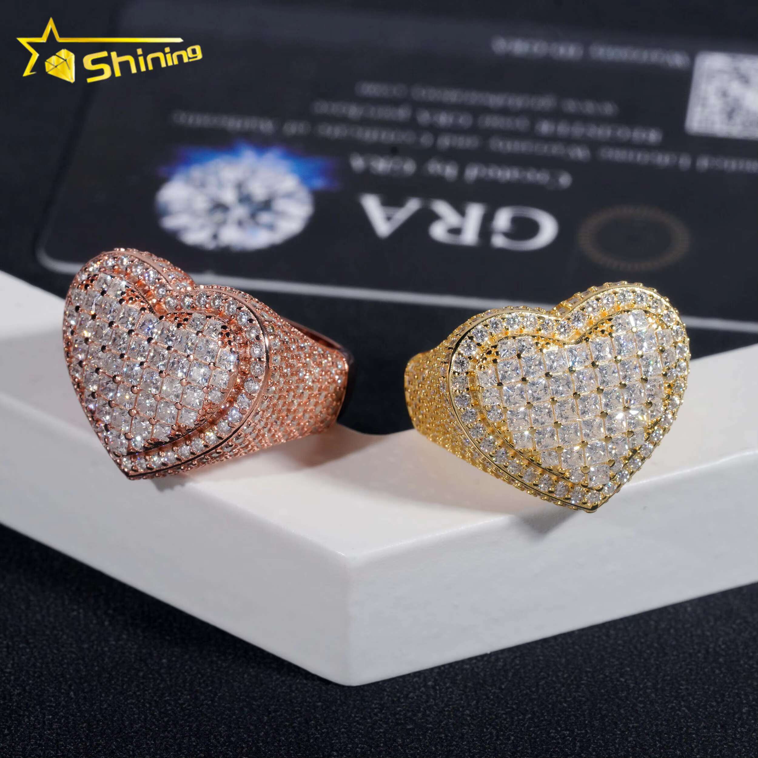 New Arrival Princess Cut Moissanite Diamond Silver Iced Out Heart Shape Hip Hop Rings Ready to Ship