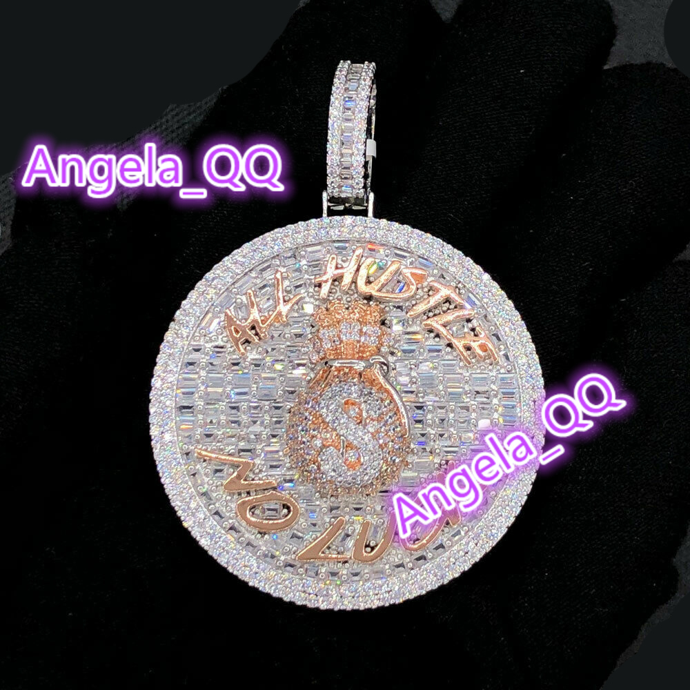 All Hustle No Luck Hip Hop Pendant Iced Out Bling Moissanite vvs1 Geometric Round Pendant Money Bag Necklace