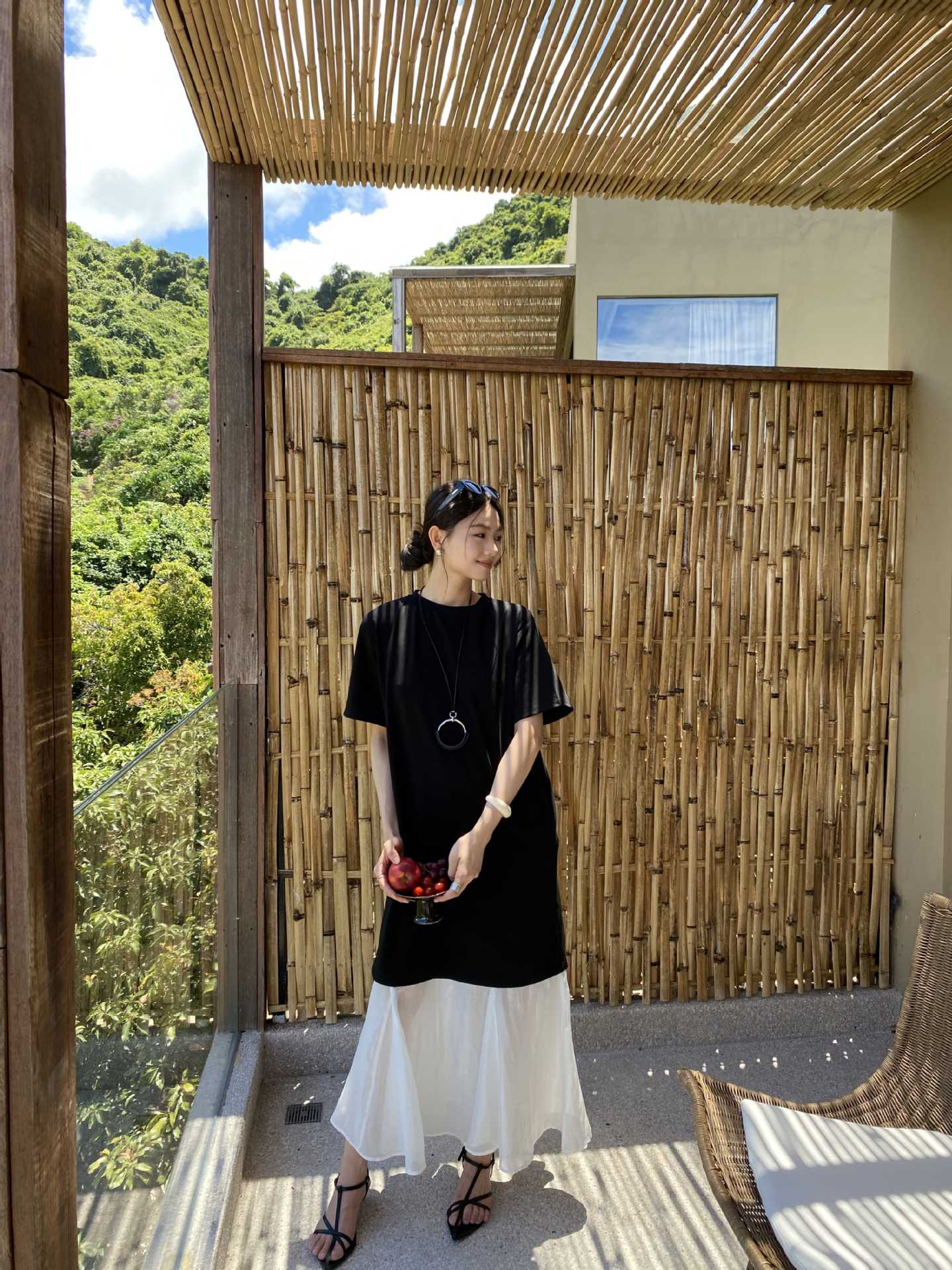 L1306 Summer simple splicing short-sleeved dress Korean loose slim fishtail skirt