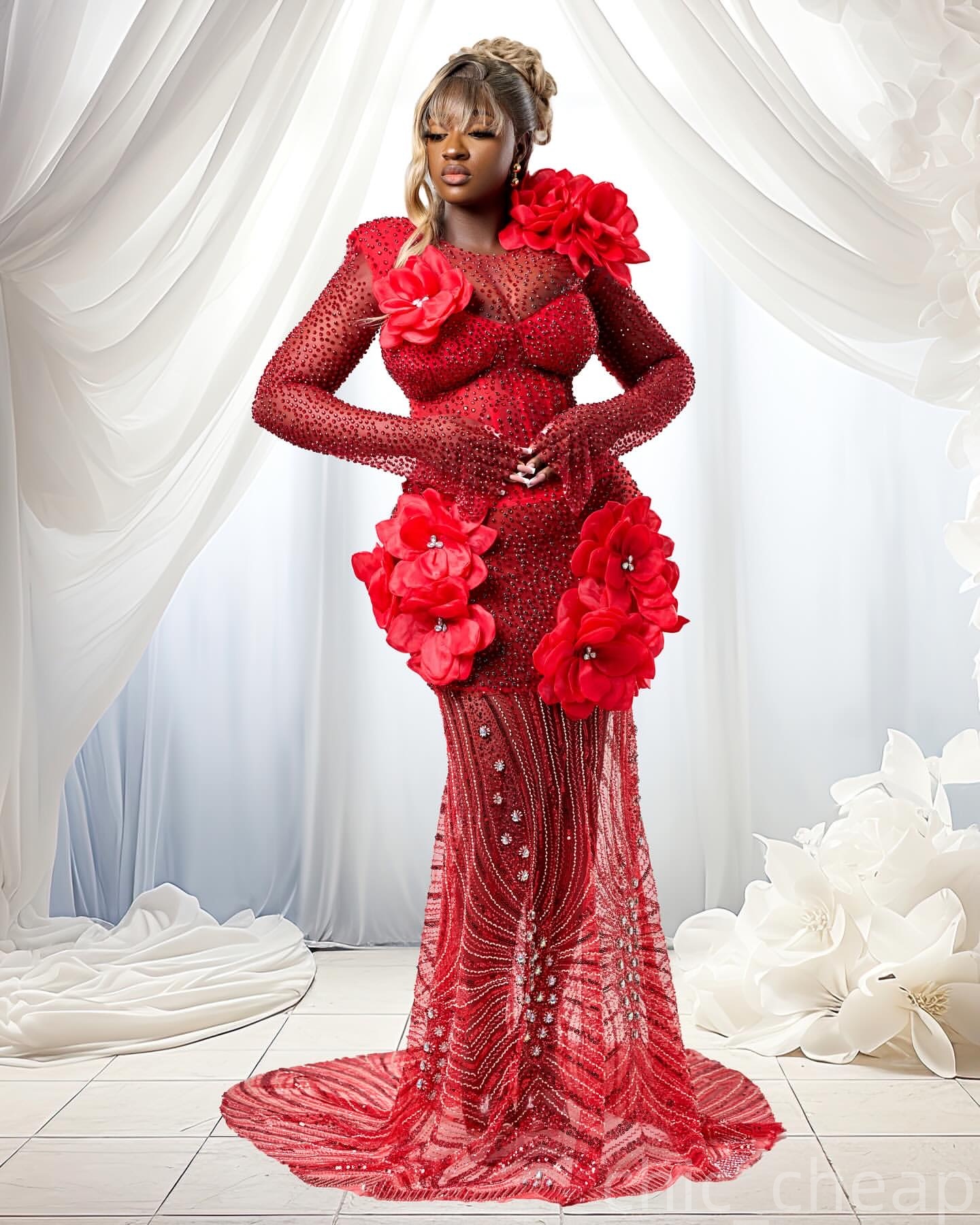 Red Mermaid Prom Dresses 2025 Flowers Crystals Sequined Evening Formal Party Second Birthday Engagement Gowns Plus Size Dress For Special Occasions ZJ