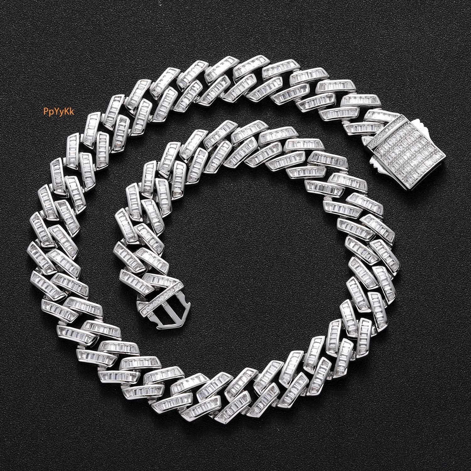 Men's Hiphop 16mm Baguette Moissanite Spring Clasp Diamond Paved Rhombus Cuban Link Chain Accessory Pass the diamond tester