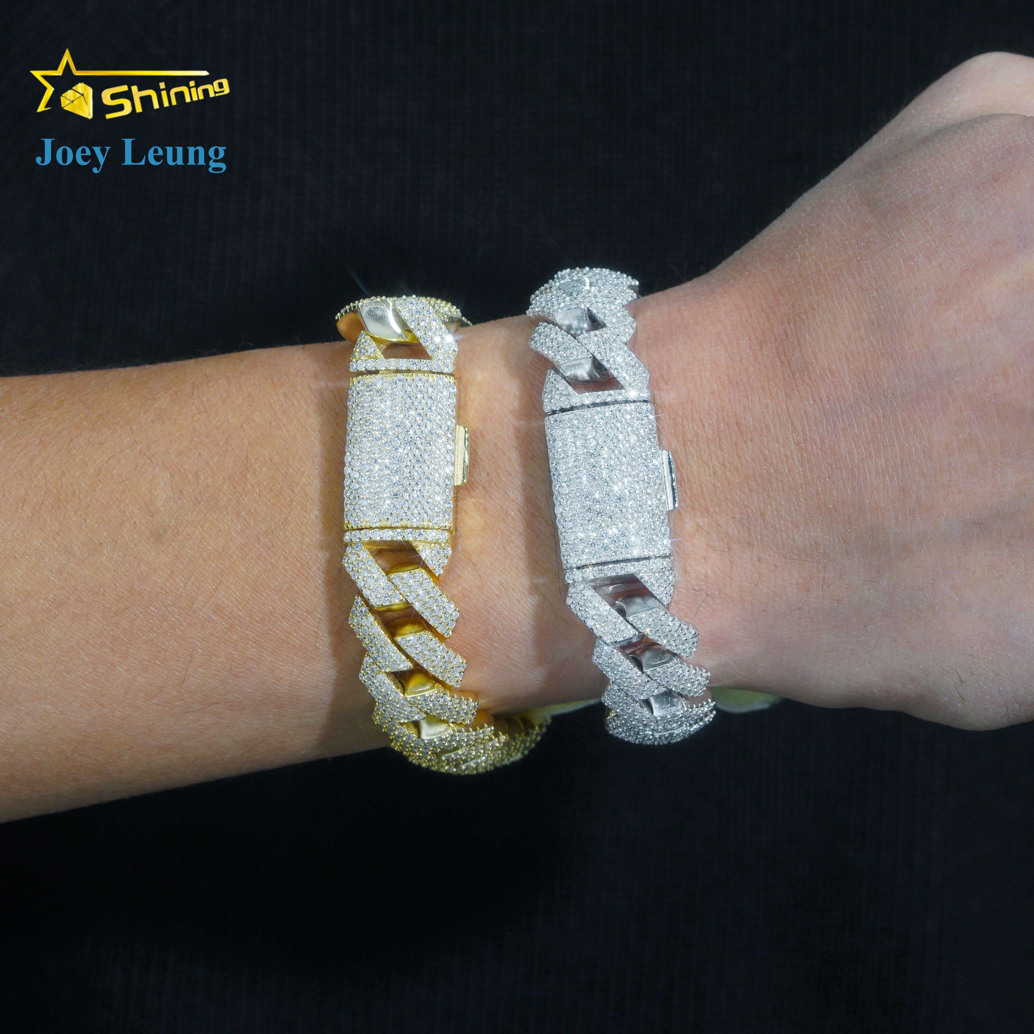 Iced Out 925 Sterling Silver VVS Moissanite Diamond Rapper Jewelry for Men 16MM Three Rows Hip Hop Cuban Link Bracelet