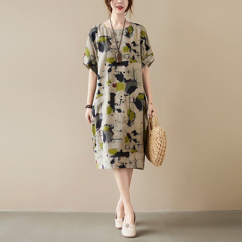 151 Spot large size literary cotton and linen printed fat girl Korean version dress