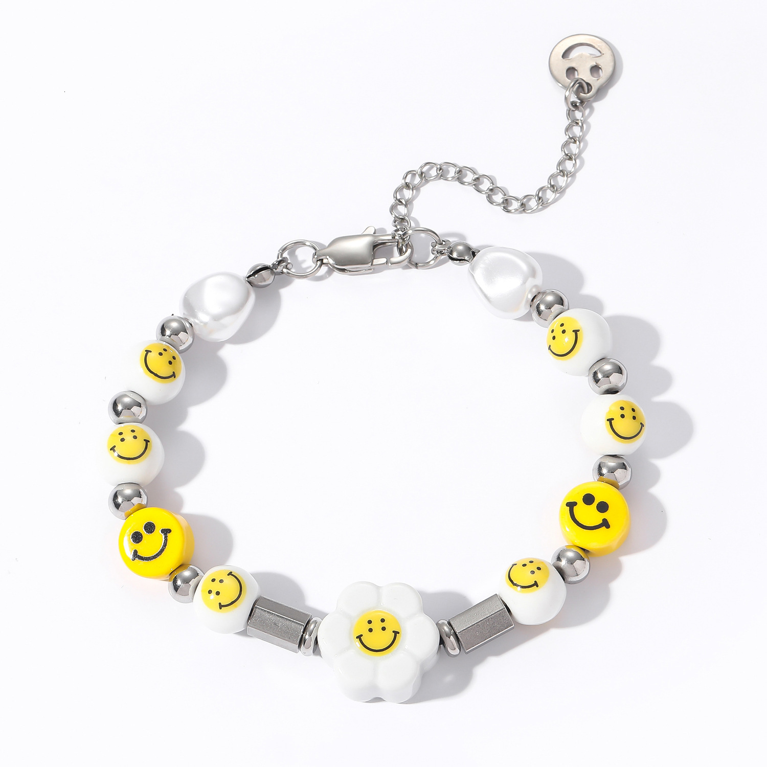 Premium Hip Hop Smiley Sunflower Pearl Necklace Unisex Choker Bracelet Set Trendy Pass the diamond tester