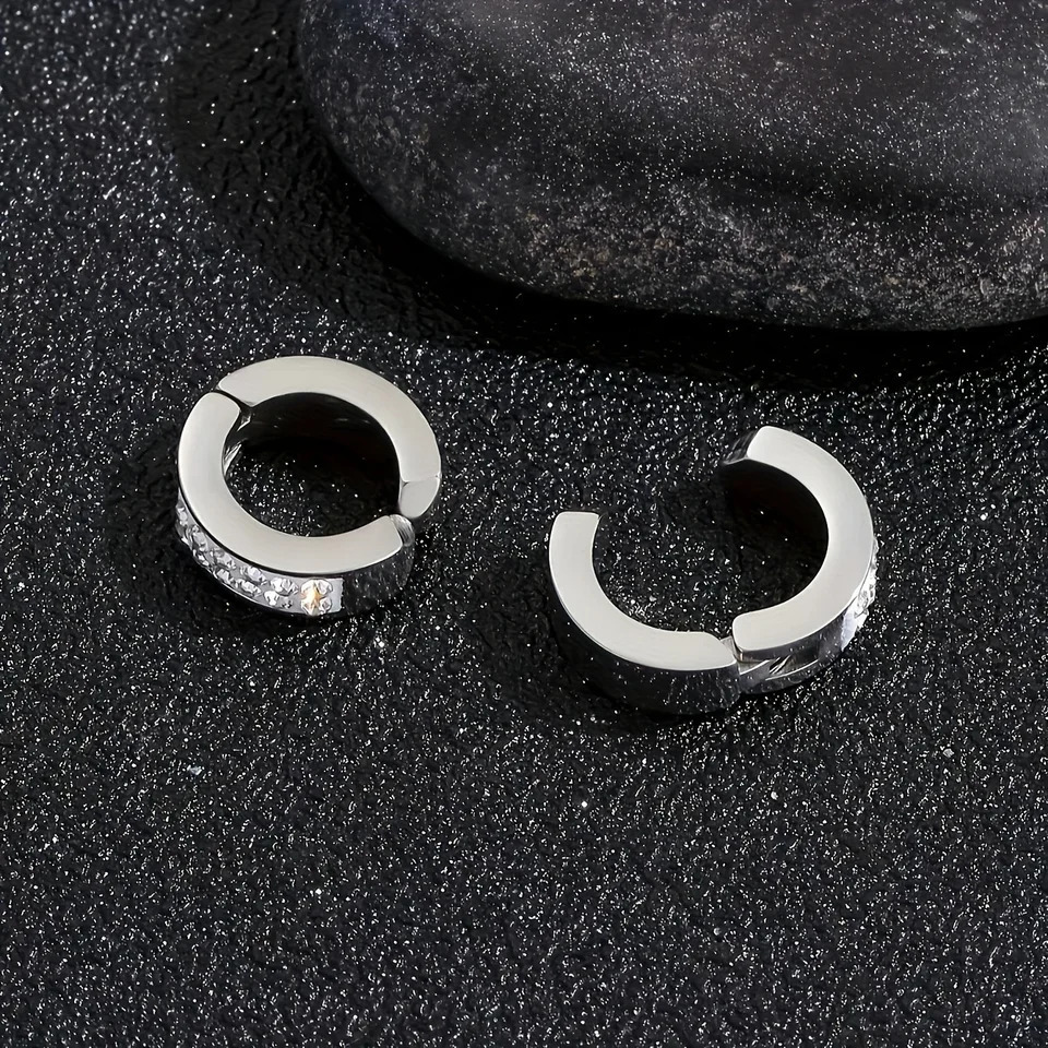 1pair Unisex Minimalist Punk Hip Hop Stainless Steel Ear Clips With Cubic Zirconia for Men Women Daily Wear Party Jewelry Gift 250624
