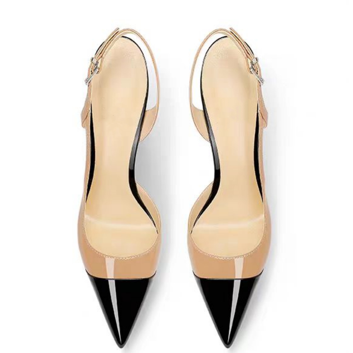 Women's Black White Patent Leather Peep Toe Pumps - Pointed Stiletto Mid Heel Dress Sandals (Office/Evening Shoes)
