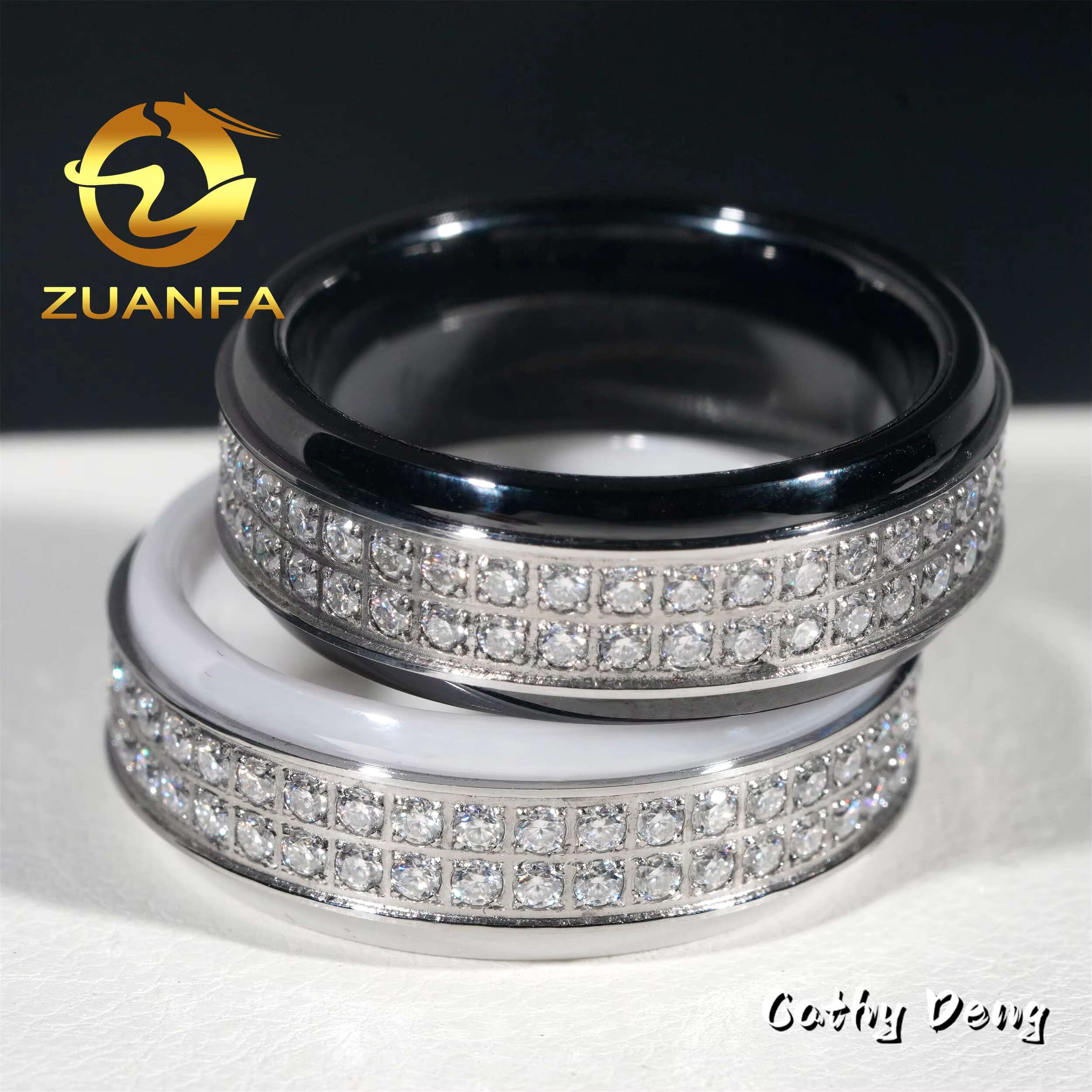 Classic Black Ceramic Men Diamond Ring Iced Out VVS Moissanite Diamond Stainless Steel Men Wedding Band Hip Hop Ring