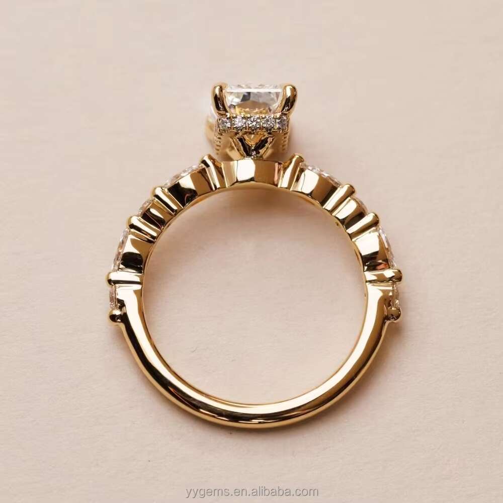 Yu Ying Women Jewelry Hidden halo 18K Yellow Gold Radiant Iced Crushed Cut Moissanite Solitaire with Accent Band Rings