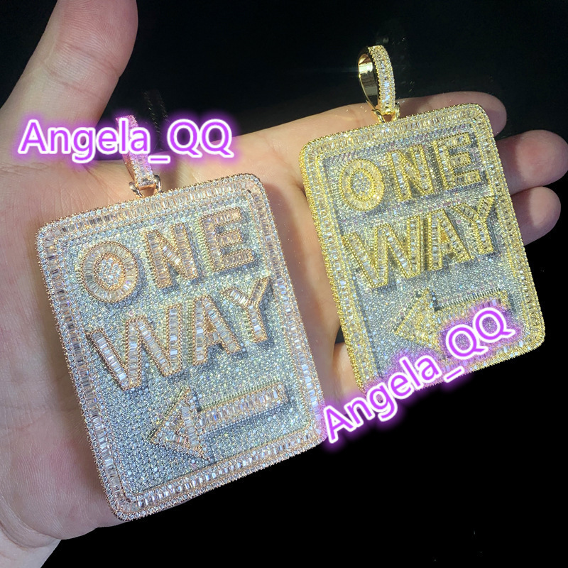 Men Hip Hop Geometric Iced Out Pendants with Full Paved Moissanite vvs1 and Boys Iced Out Bling Letter One Way Pendant