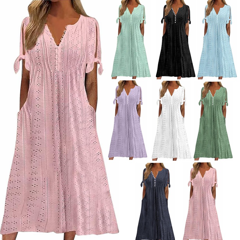 H629Popular V-neck single-breasted cuff knotted short-sleeved eyelet dress