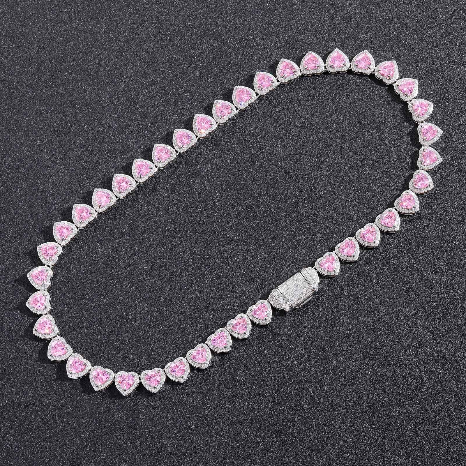 Luxury Jewelry Hip Hop 10mm Heart Pink Diamond Necklace Trendy Sweet Women's Hip Hop High-Quality Iced Accessory Pass the diamond tester