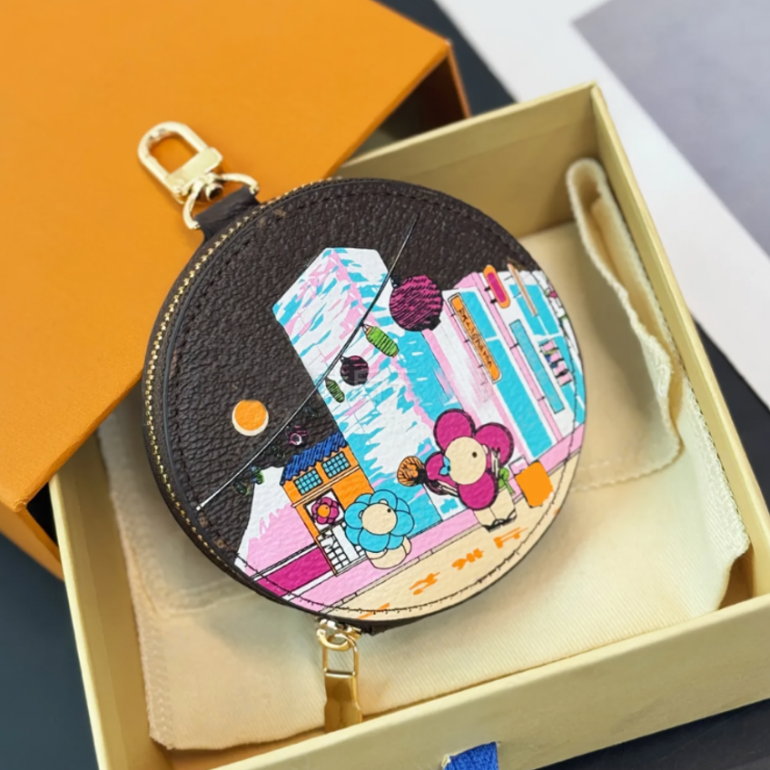 Designer Round graffiti Zippy Coin Purse Mini Wallet Clutch women key pouch ID card men cover case money Bags Portable key case Headphone bag Leather pendant colorful