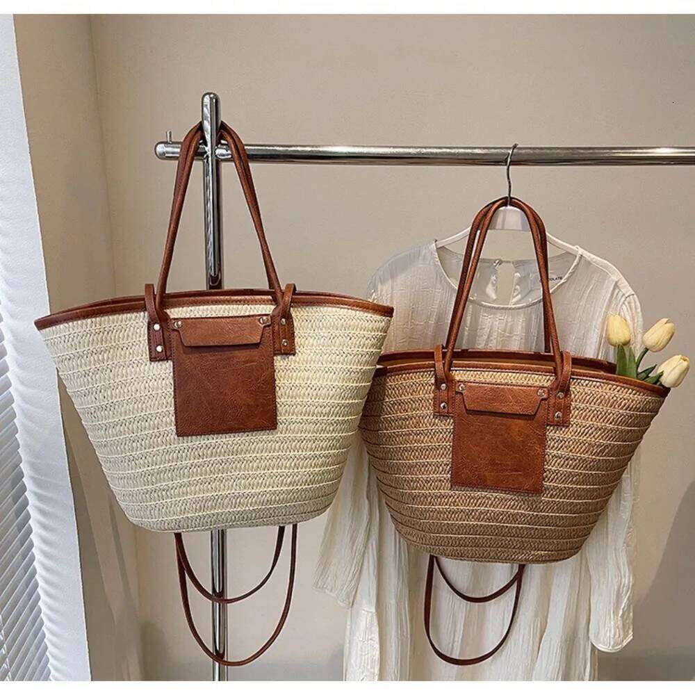 Vintage Style Straw Baskets Handmade Rattan Material Woven Shoulder Raffia Circle Large Capacity Beach Bag