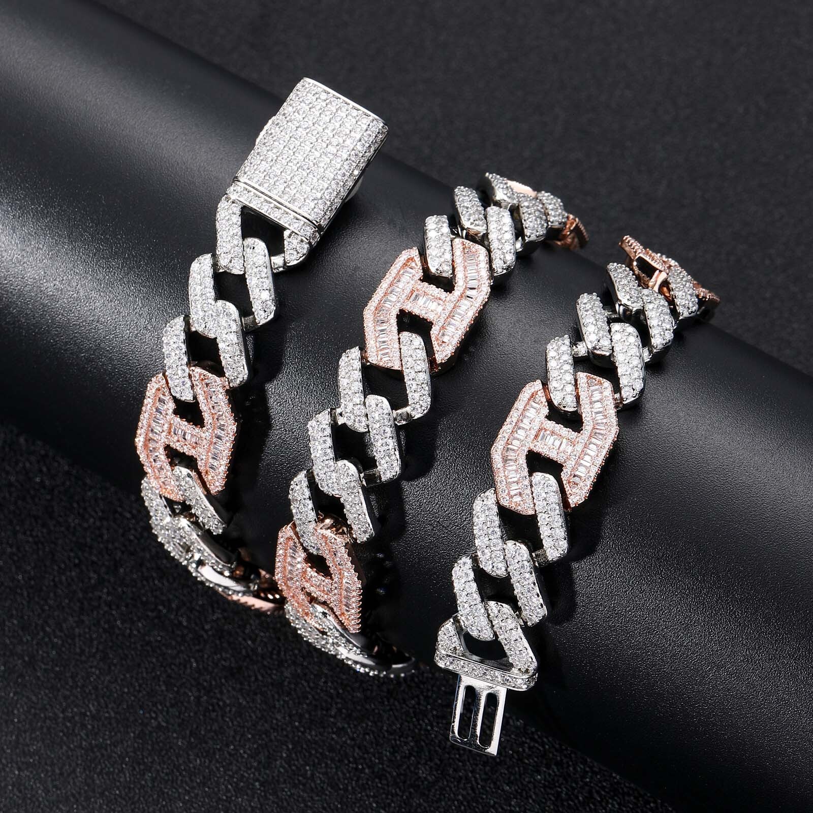 Men's Hip Hop White Gold Rose Gold 15mm VVS Moissanite Iced Out Flip Lock Bar Cuban Chain Luxury Necklace Pass the diamond tester