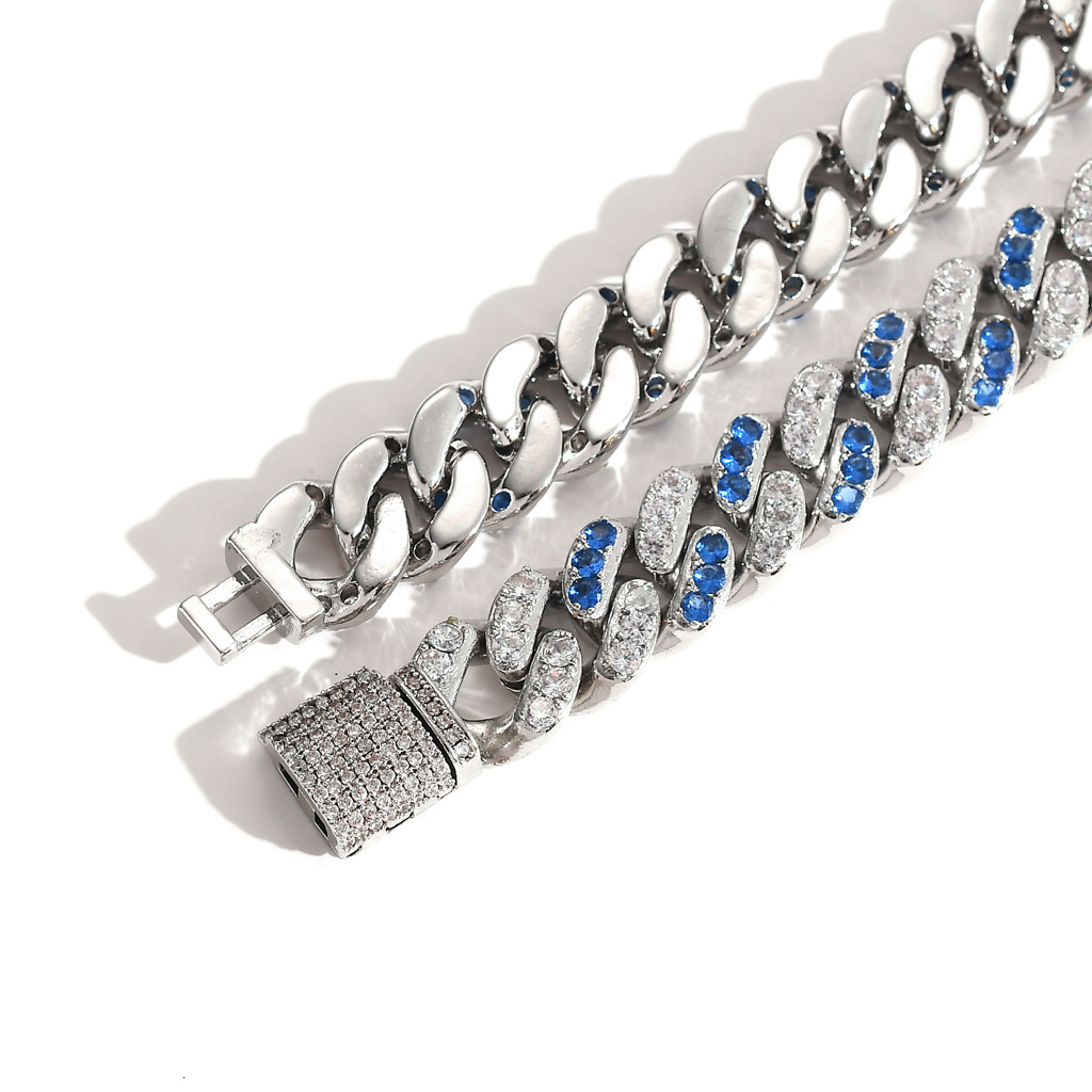 Men Hip Hop Iced Out 12mm Micro Paved Sea Blue White Moissanite High Quality Cuban Link Chain Bling Bling Accessory Pass the diamond tester
