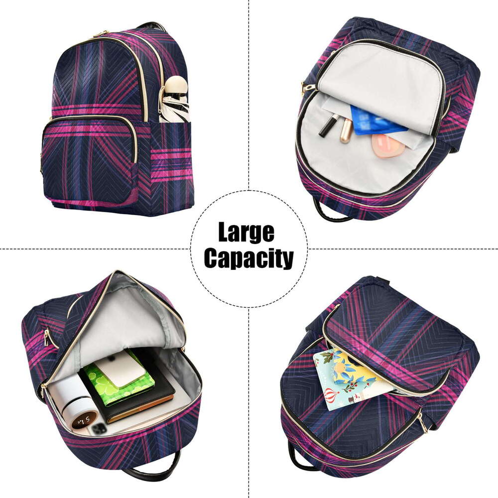 Blue and Red Diagonal Plaid Quilted Backpack Fashion Daypack Commuter Bag for Women 8.5 L