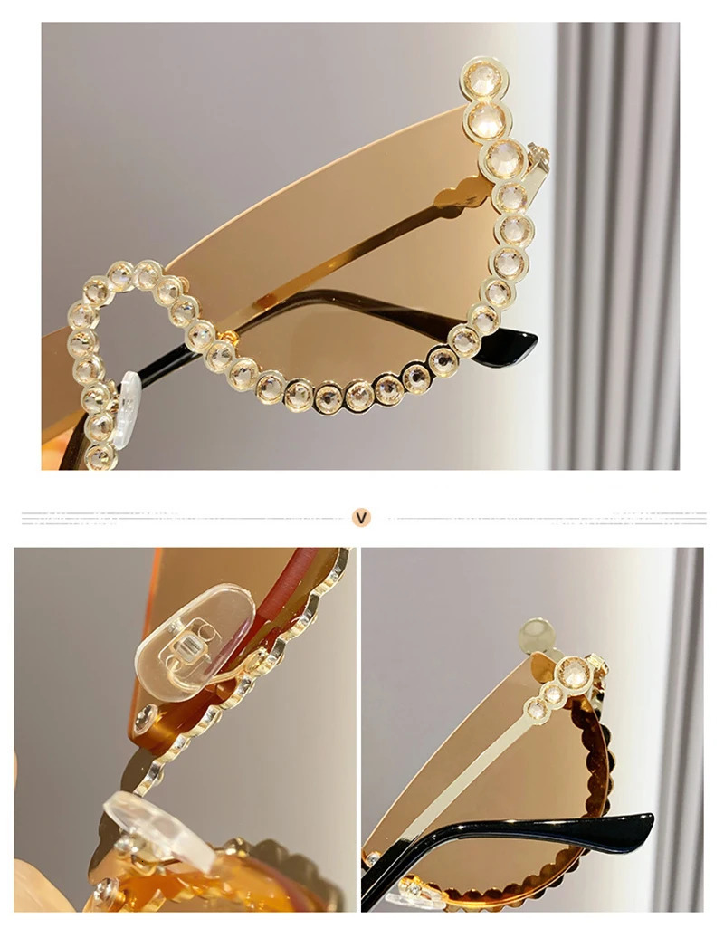 Diamond Half Frame Sunglasse For Female Vintage Fashion Sun Glasses Punk Rhinestone Crystal Metal 250627