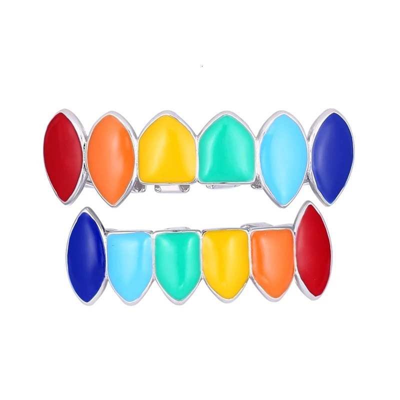 New 18K Gold Plated Iced Out Iridescent Pointed Fangs Hip Hop Grillz - High Quality Vampire Halloween Rapper Costume Accessories